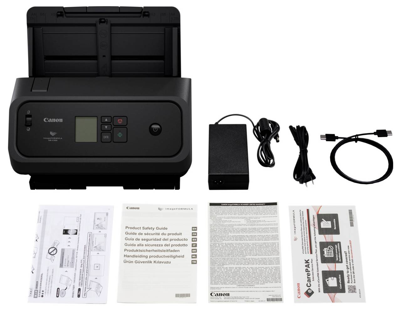 Skener dokumentů Canon zobrazený s adaptérem napájení, USB kabelem a průvodci nastavením/instrukcemi v balení.