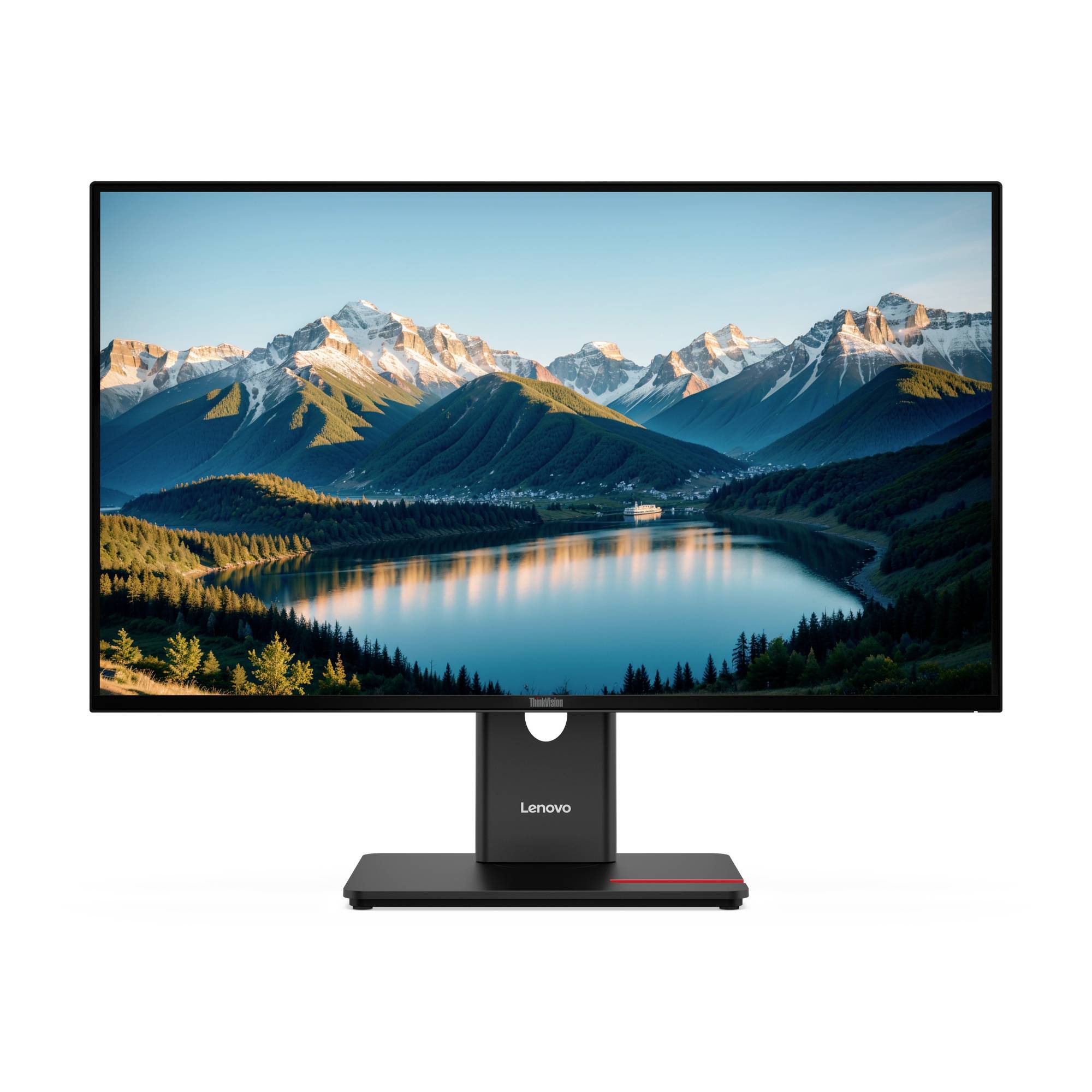 Stolní monitor Lenovo zobrazující tapetu s krajinou horského jezera na černém stojanu