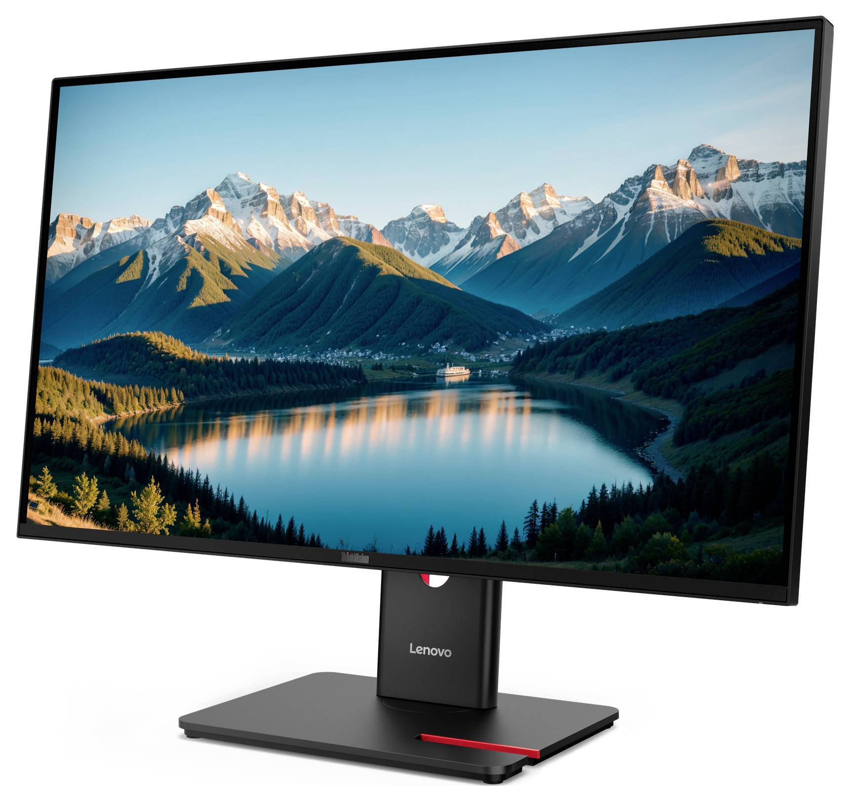 Monitor Lenovo zobrazující krajinu s horským jezerem, umístěný na černém stojanu na bílém pozadí.