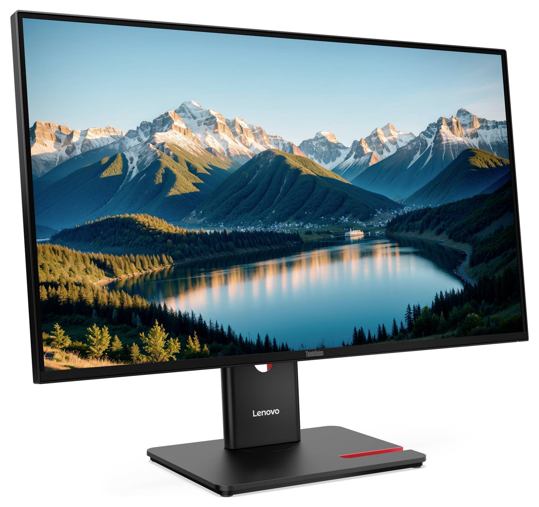 Desktopový monitor Lenovo zobrazující živou krajinu horského jezera, umístěný na černém podstavci s červeným akcentem.
