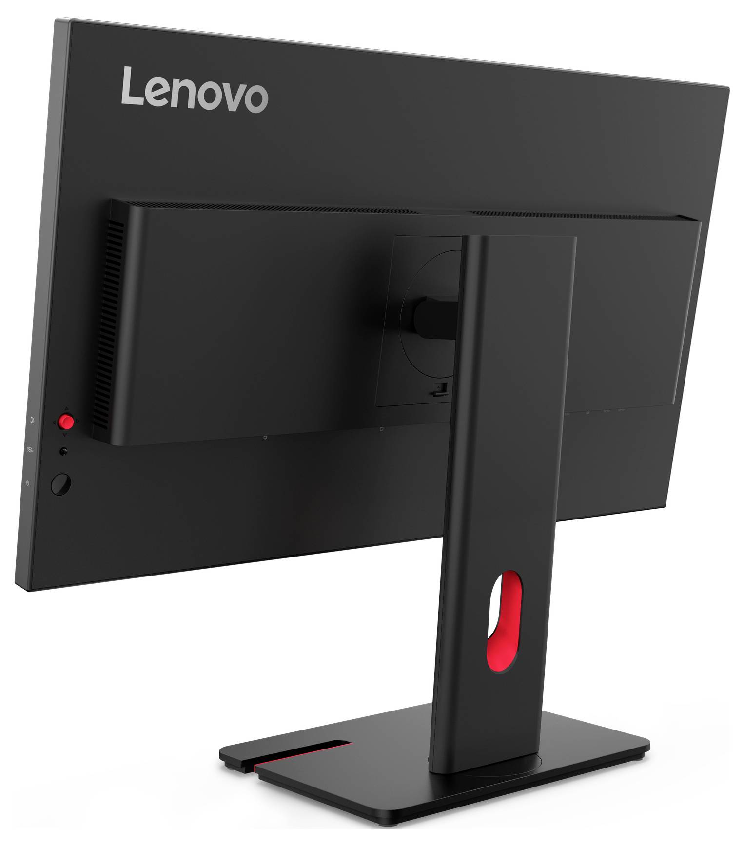 Zadní pohled na desktopový monitor Lenovo na stojanu s viditelným porty na zadní straně a červeným tlačítkem napájení na levé straně.