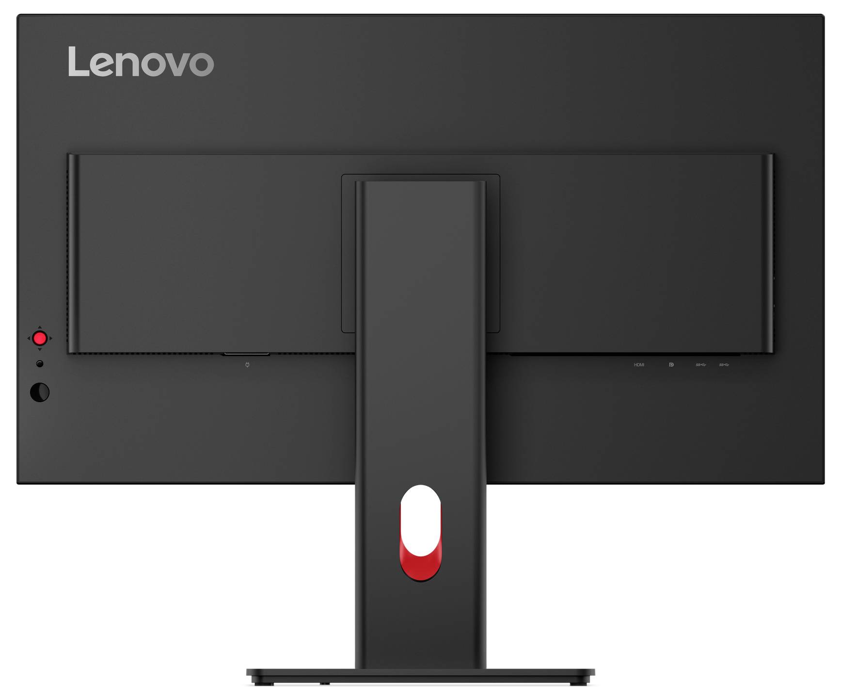 Pohled zezadu na monitor Lenovo na stojanu s centrální podpůrnou colonou a červeným tlačítkem napájení vlevo dole.
