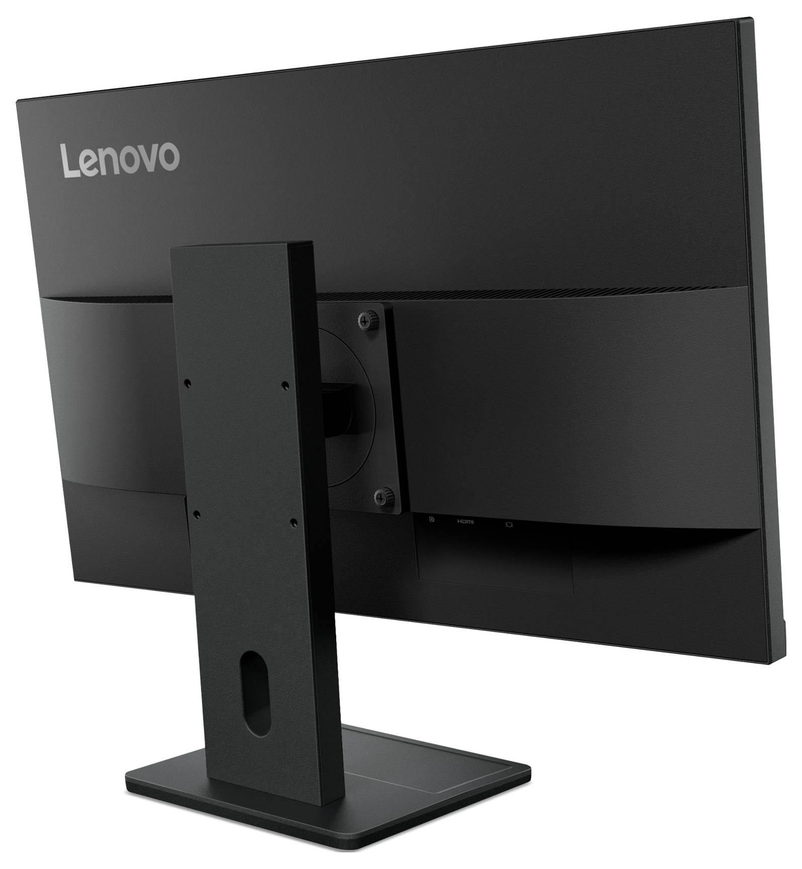 Zadní pohled na stolní monitor Lenovo na stojanu, zobrazující zadní panel a oblast správy kabelů.
