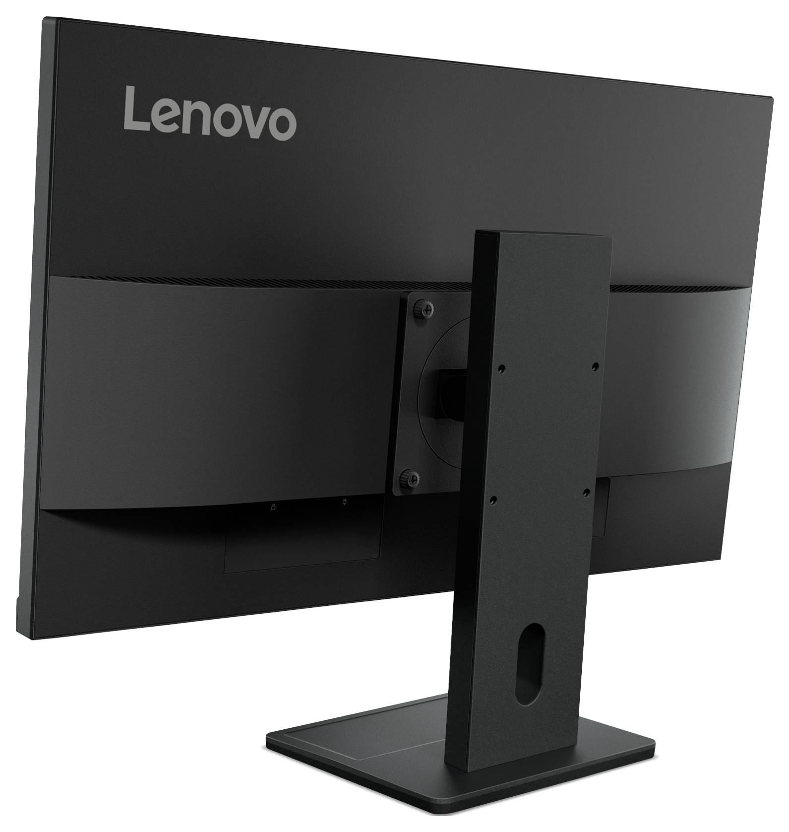 Zadní pohled na stolní monitor Lenovo na stojanu, ukazující zadní panel a montážní konzolu.