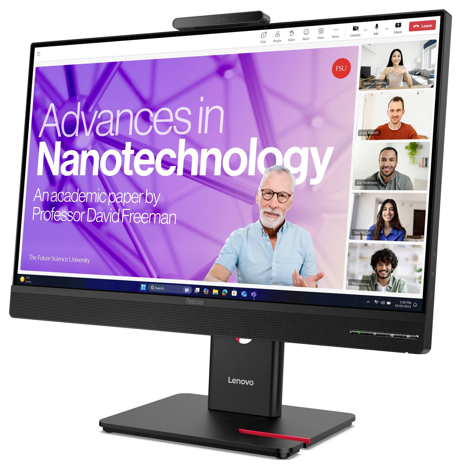 Monitor Lenovo zobrazující videokonferenci a prezentaci s názvem "Pokroky v nanotechnologii" od profesora Davida Freemana, s pěti miniaturami účastníků.