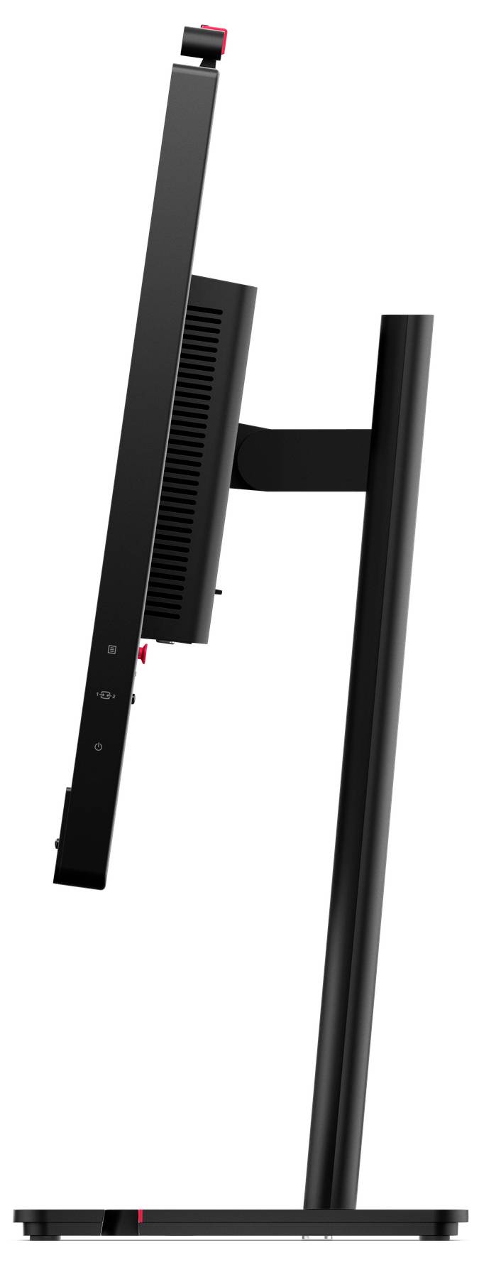 Detailní snímek černého panelu boku monitoru nebo počítačové skříně zobrazující ventilační štěrbiny, zásuvku na sluchátka, port USB a port USB-C.