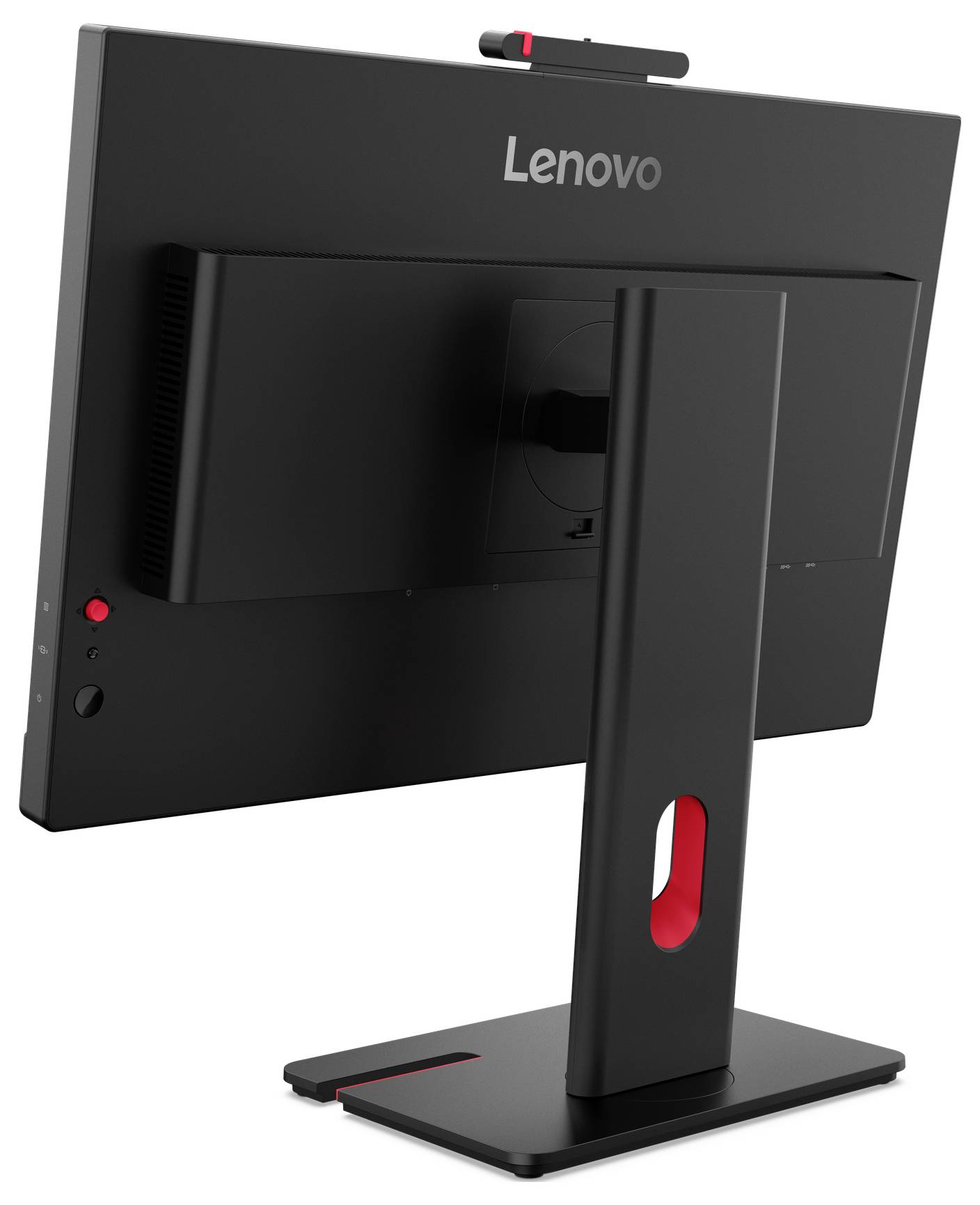 Zadní pohled na monitor Lenovo ukazující porty a štítky: napájecí konektor, zámek Kensington, DP 1.2, HDMI 1.4, VGA, USB-B a USB-A.