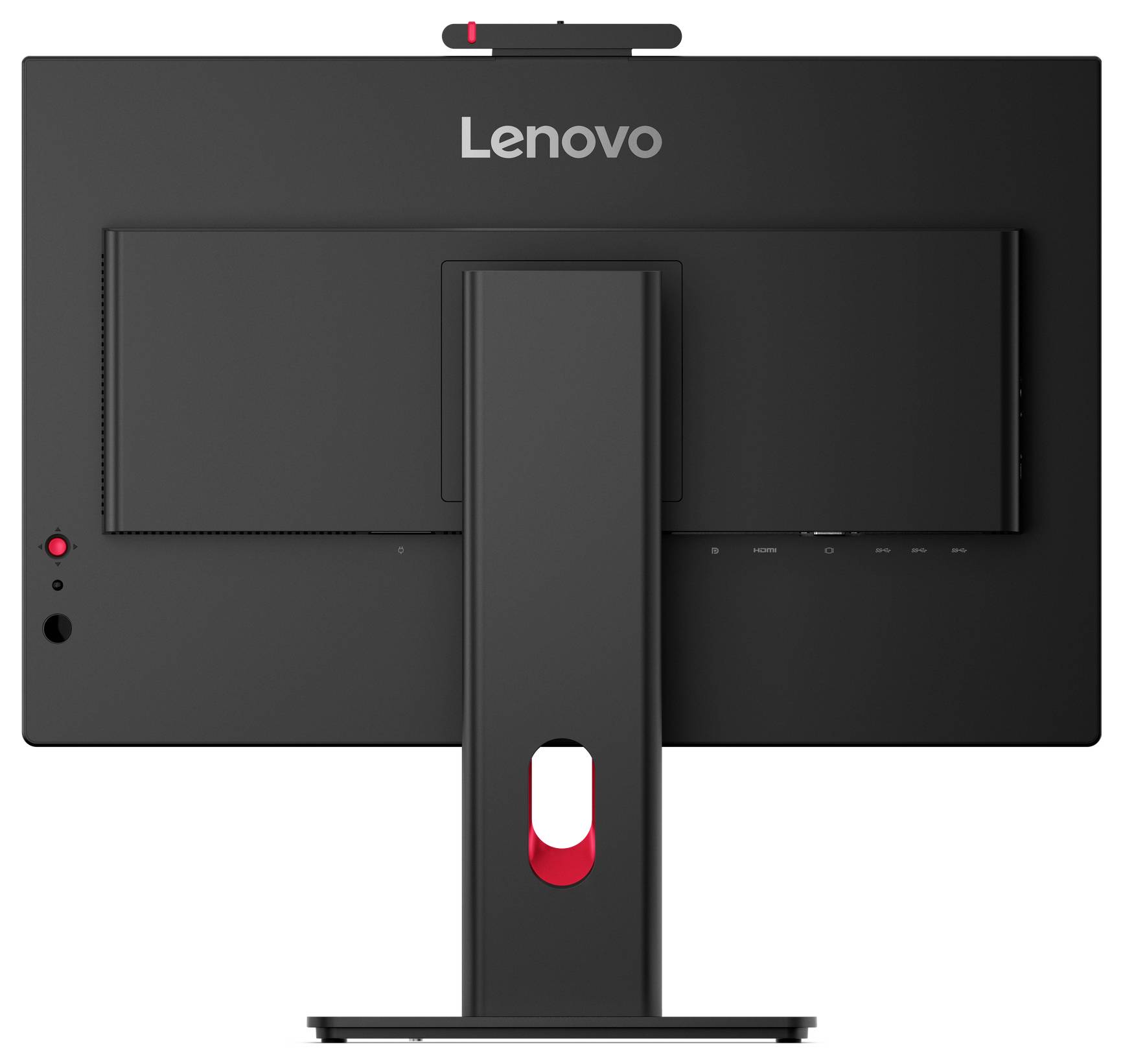 Zadní pohled na monitor Lenovo se středovým stojanem a integrovaným otvorem pro správu kabelů s červeným akcentem.