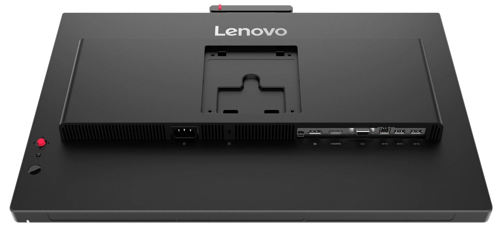 Zadní pohled na monitor Lenovo na jeho stojanu, ukazující oblast připevnění VESA, porty napájení a vstupu a fyzická tlačítka ovládání.