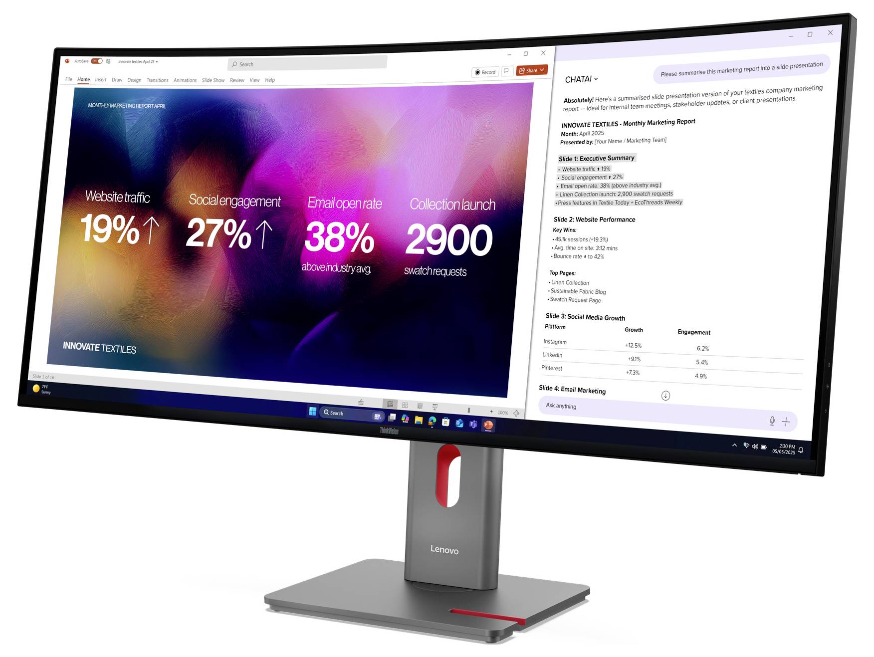Lenovo monitor zobrazující marketingový přístrojový panel s metrikami návštěvnosti webu, zapojením na sociálních sítích, mírou otevření e-mailů a metrikami spuštění kolekce vedle textové zprávy.
