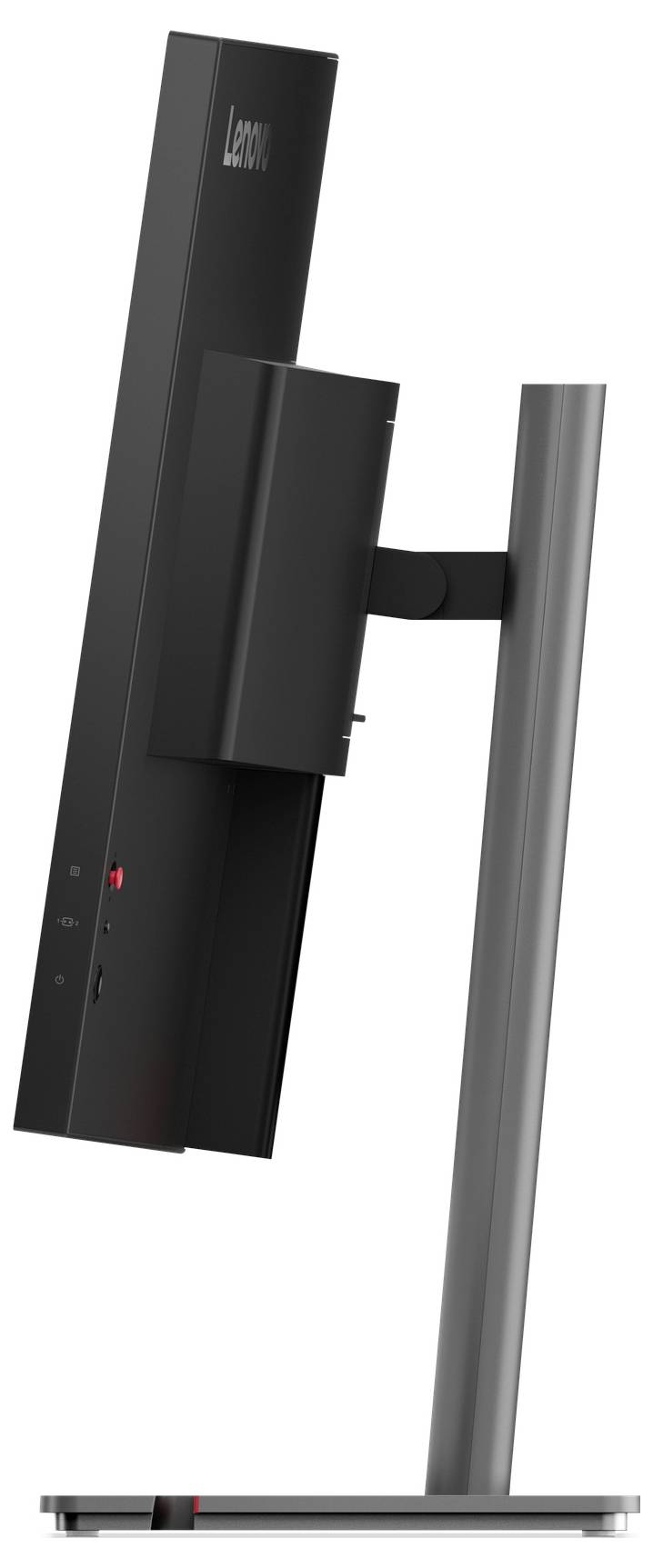 Černé nástěnné elektronické zařízení na nastavitelném rameni připevněném ke stříbrné svislé podpěře a základně, zobrazené v bočním pohledu.