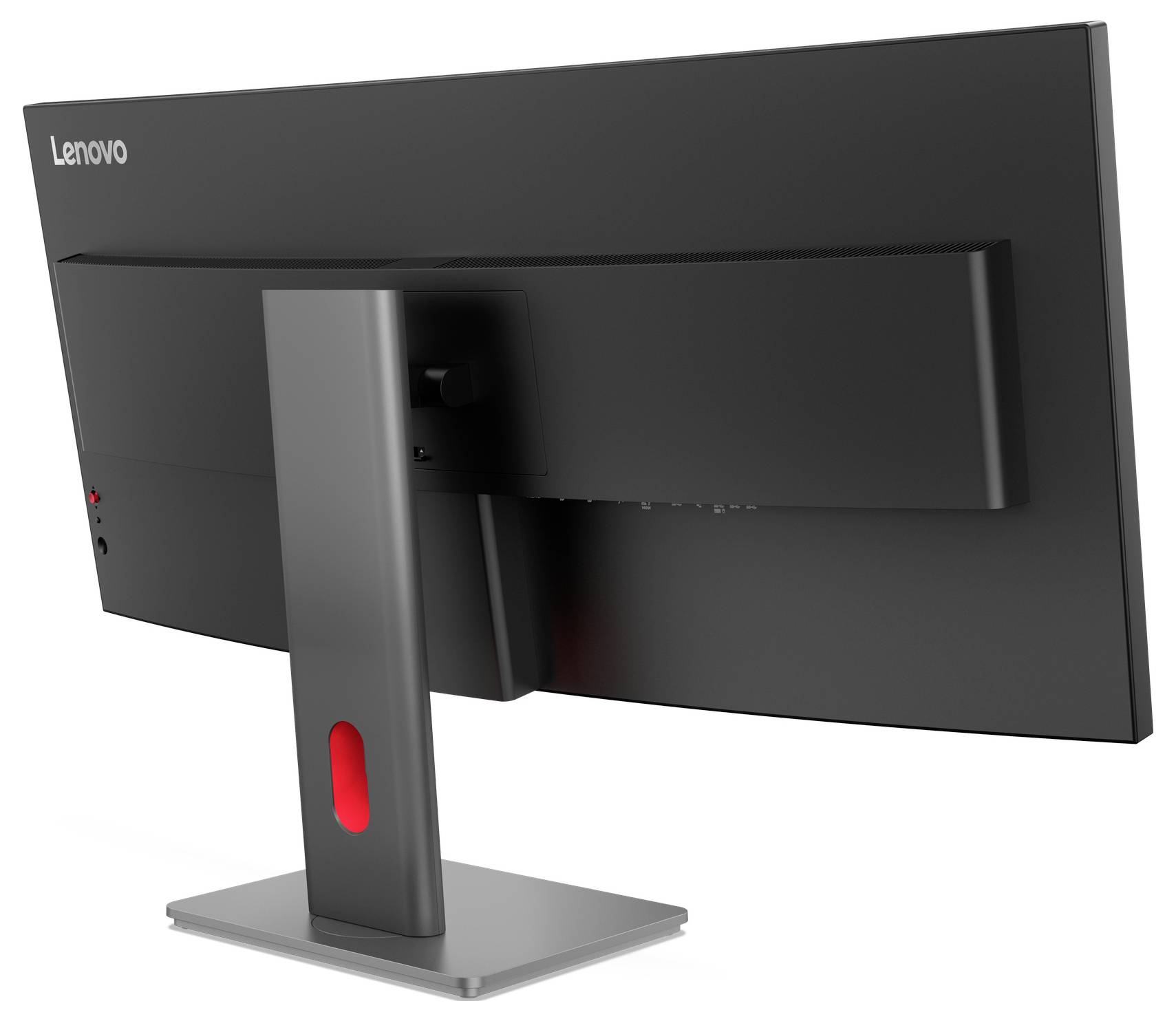Zadní pohled na počítačový monitor Lenovo na stojanu, ukazující zadní panel, centrální podporu a základnu na bílém pozadí.