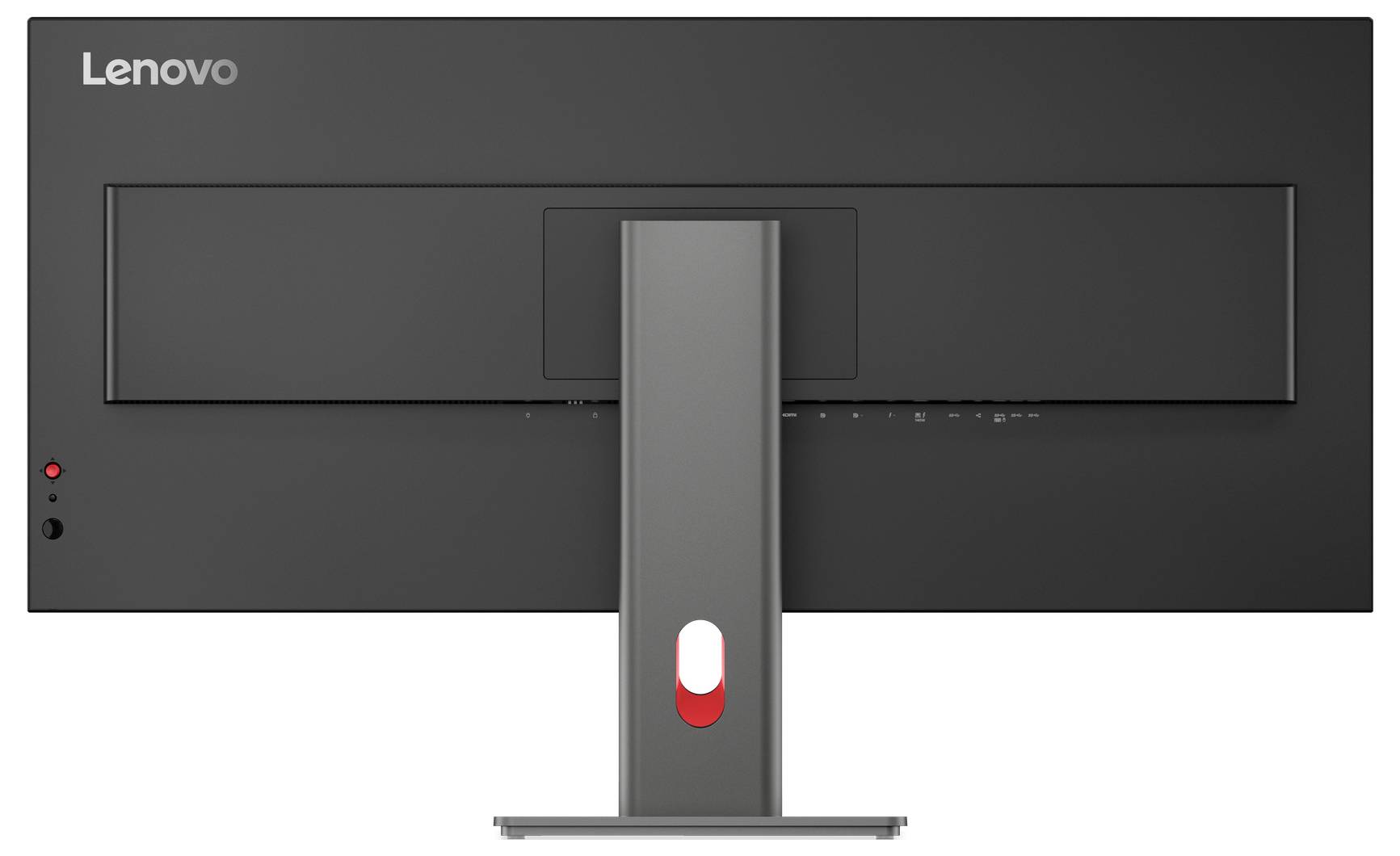 Zadní pohled na počítačový monitor Lenovo se středovým stojanem a otvorem pro správu kabelů.