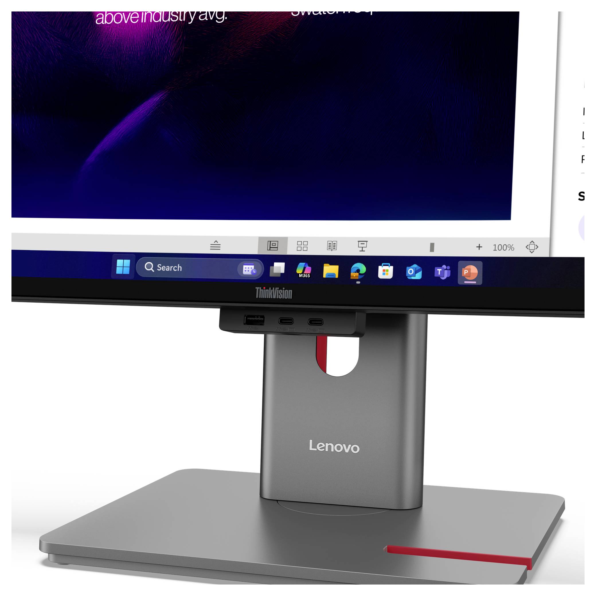 Lenovo ThinkVision monitor na stojanu, zobrazující plochu Windows s ikonami aplikací a vyhledávacím pruhem.