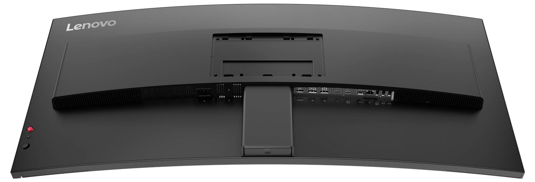 Zadní pohled na zakřivený monitor Lenovo, ukazující stojan, zadní porty a tlačítko napájení na tmavém pozadí.