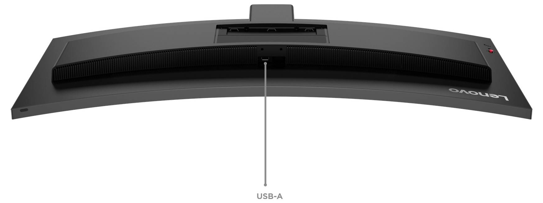 Zadní pohled na zakřivený monitor Lenovo ukazující centrální port USB-A označený "USB-A" v oblasti zadního stojanu.