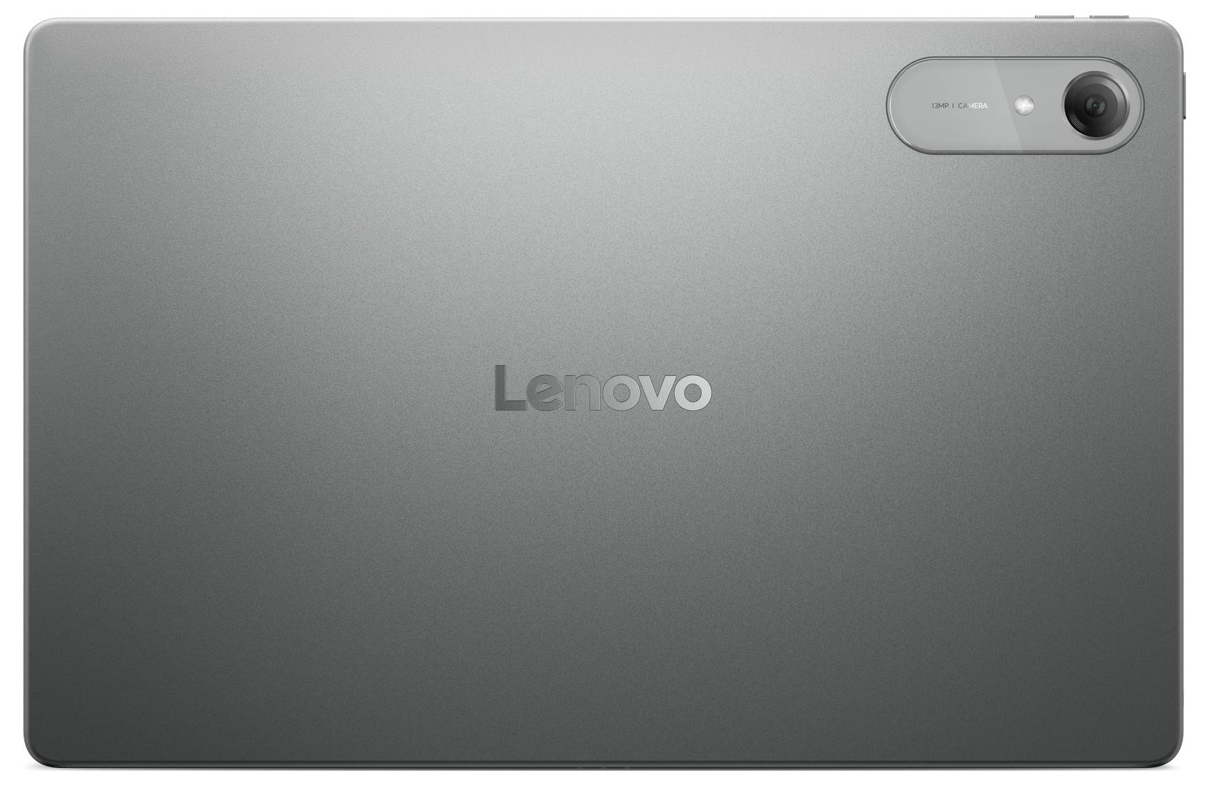 Zadní pohled na stříbrný tablet Lenovo s jedinou zadní kamerou v pravém horním rohu.