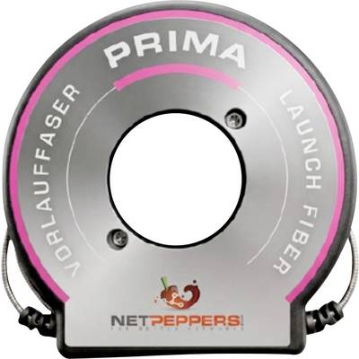 Kruhové šedé a růžové kovové zařízení označené "PRIMA" a "VORLAUFSAUGER LAUNCH FIBER" s logem NETPEPPERS ve spodní části.