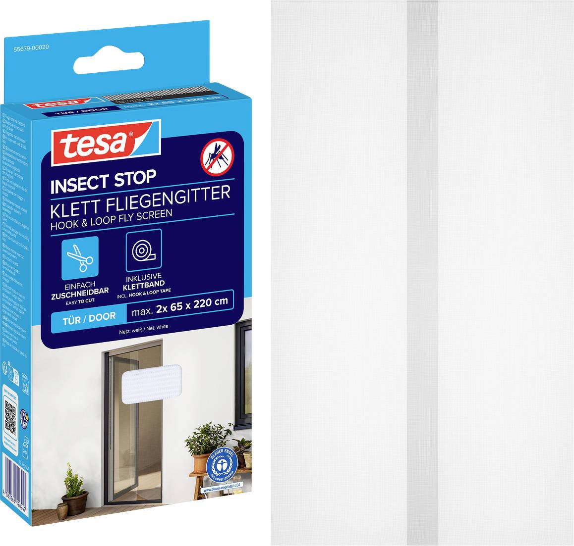 Balení pro tesa 'Insect Stop' síťku proti hmyzu se suchým zipem, s bílou síťkou zobrazenou nainstalovanou v otevření dveří na pravé straně.