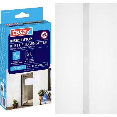 Balení pro tesa 'Insect Stop' síťku proti hmyzu se suchým zipem, s bílou síťkou zobrazenou nainstalovanou v otevření dveří na pravé straně.