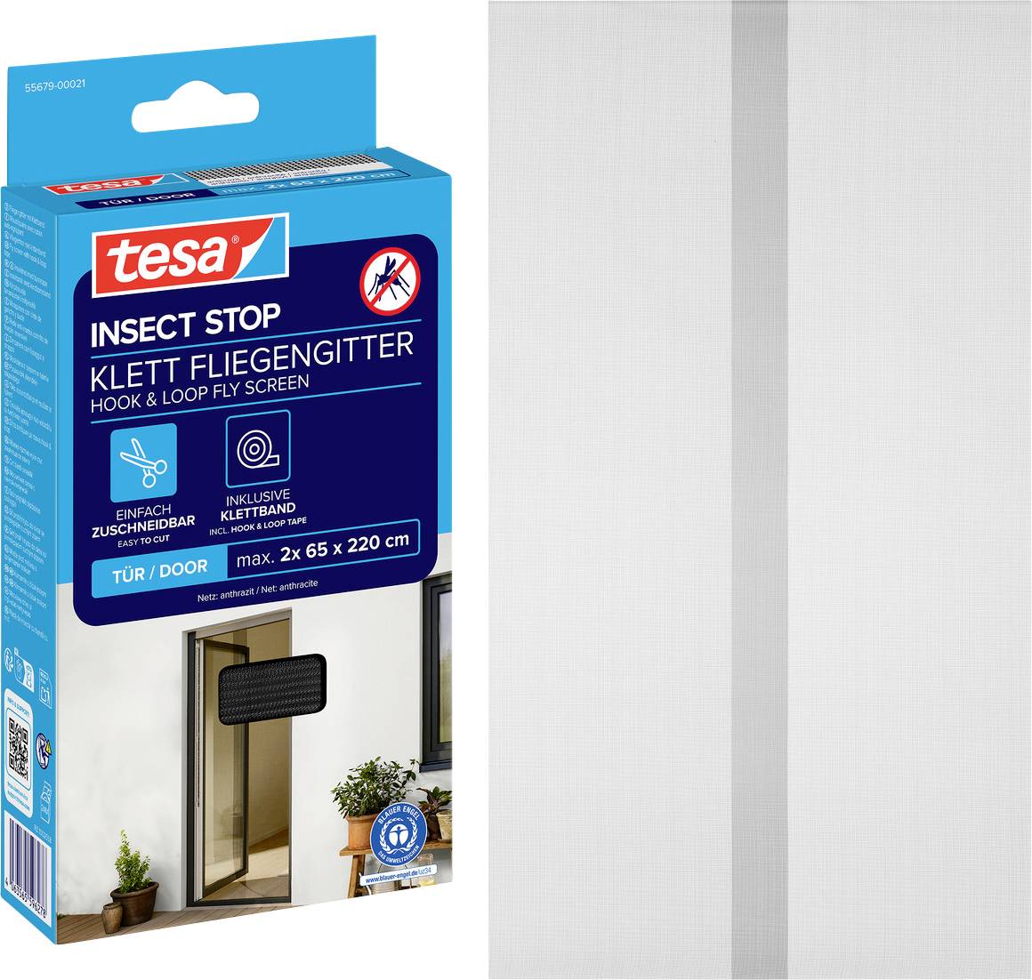 Sada háčkování 'Insect Stop' od společnosti Tesa pro dvéře, která se fotí vedle bílého panelu sítě, s vlastnostmi produktu a velikostí dveří 2 x 65 x 220 cm.