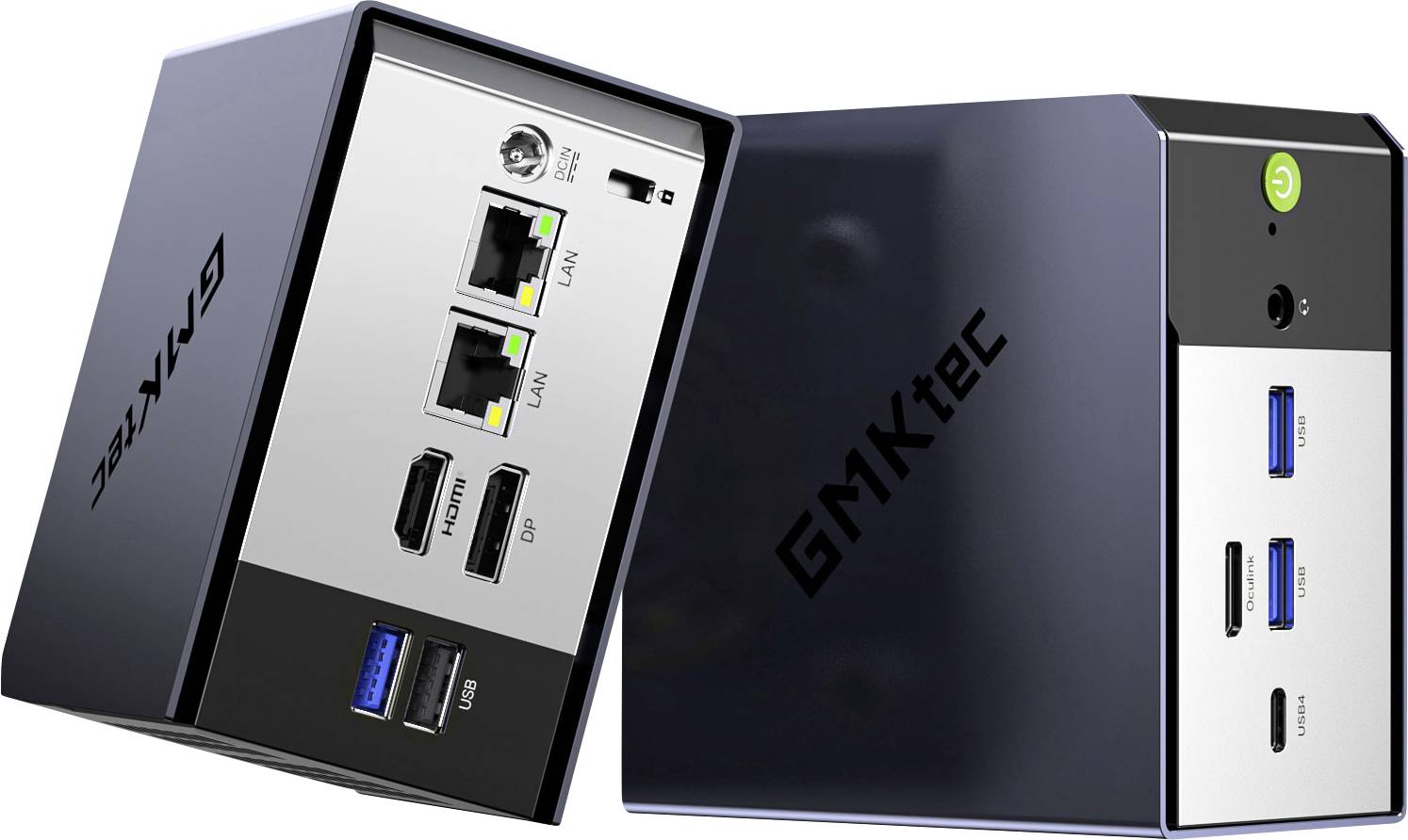 Kompaktní GEEKTEK mini PC zobrazen z více úhlů, s viditelnými porty Ethernet, HDMI, USB a audio na přední i zadní straně.