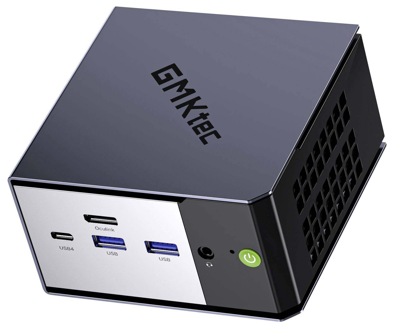 Kompaktní černý mini počítač GMKtec zobrazený shora s USB-C na přední straně, USB-A, dvěma porty USB, audio jackem a tlačítkem napájení.