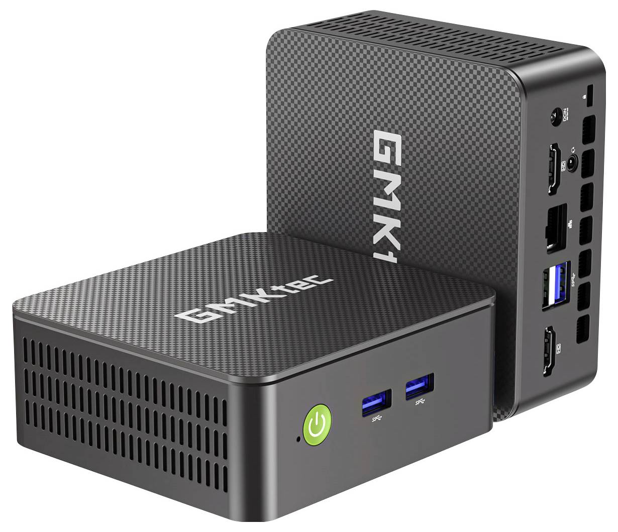 Dva kompaktní černé mini počítače s povrchem z uhlíkových vláken, zobrazující přední a zadní porty včetně USB, Ethernetu, napájecího a zvukového konektoru.
