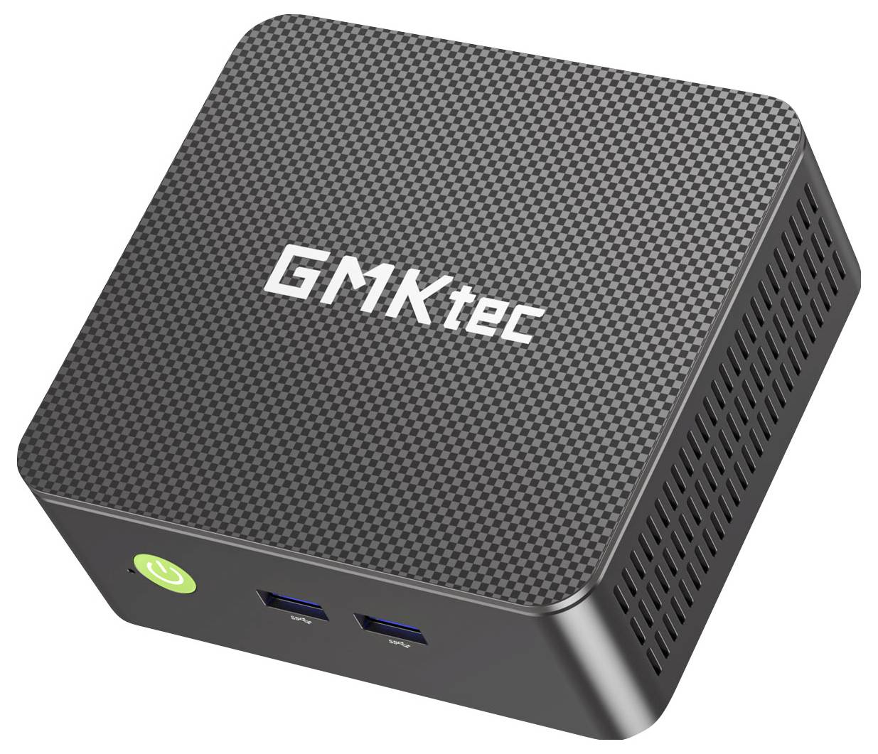 Kompaktní mini PC GMKtec s horní částí v designu uhlíkových vláken, tlačítkem napájení, dvěma předními porty USB a bočním větraním.