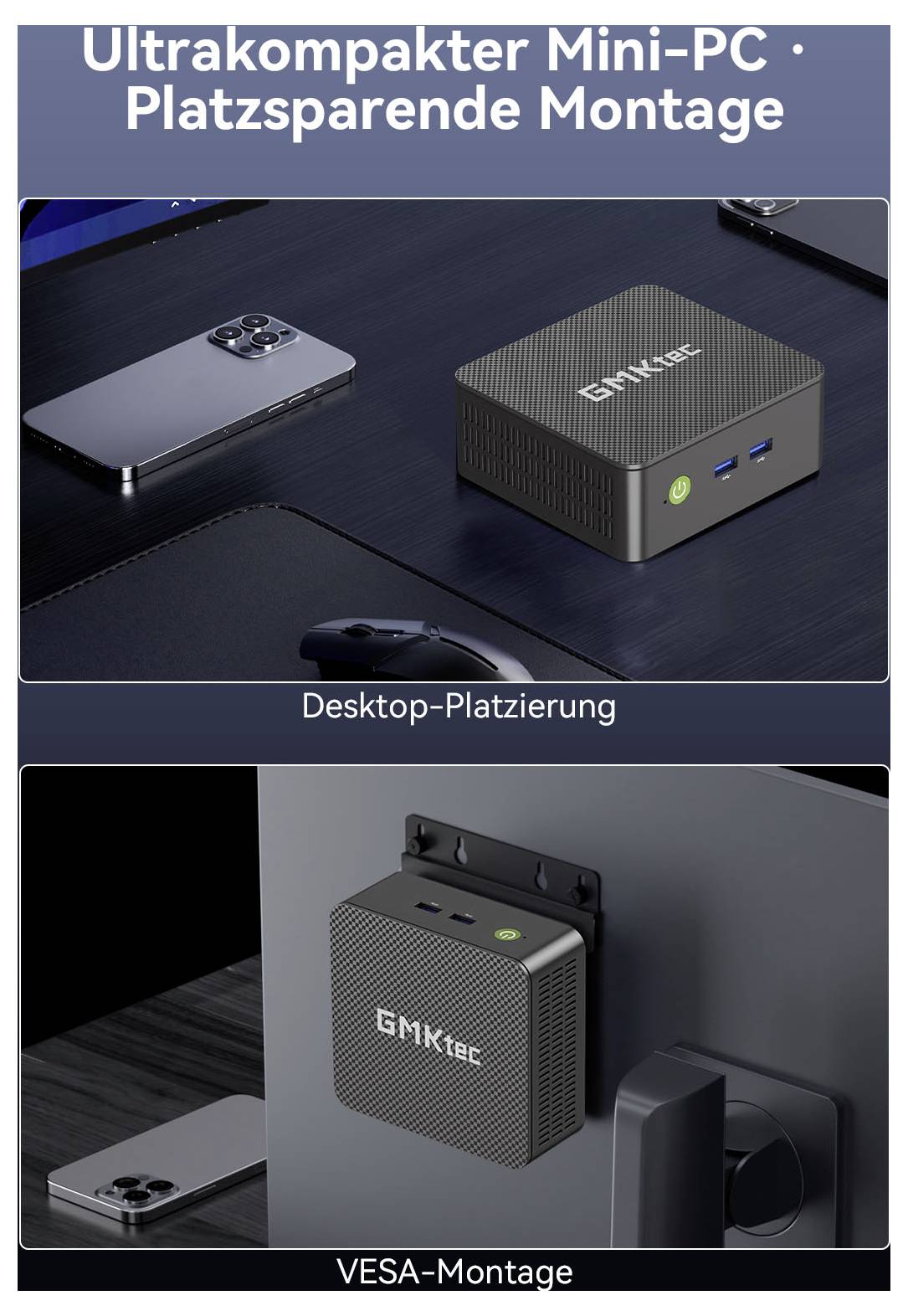 Německá propagační image zobrazující mini PC od GMKtec na pracovním stole a připevněný za monitorem, s popisky "Umístění na stole" a "Montáž na VESA".