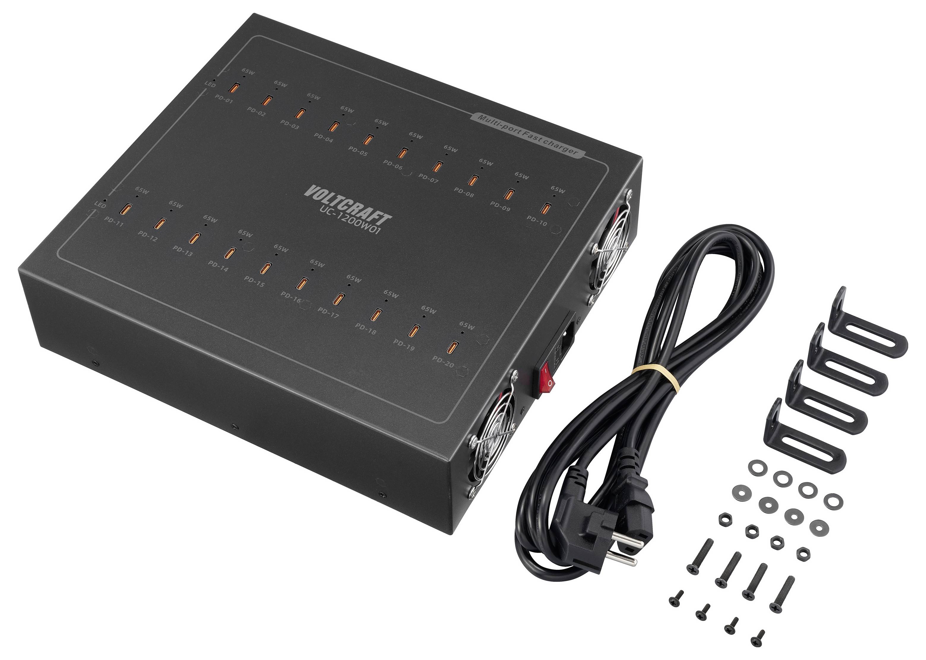 Černé elektronické zařízení VOLTCRAFT s napájecím kabelem, montážními držáky, šrouby a podložkami v balení