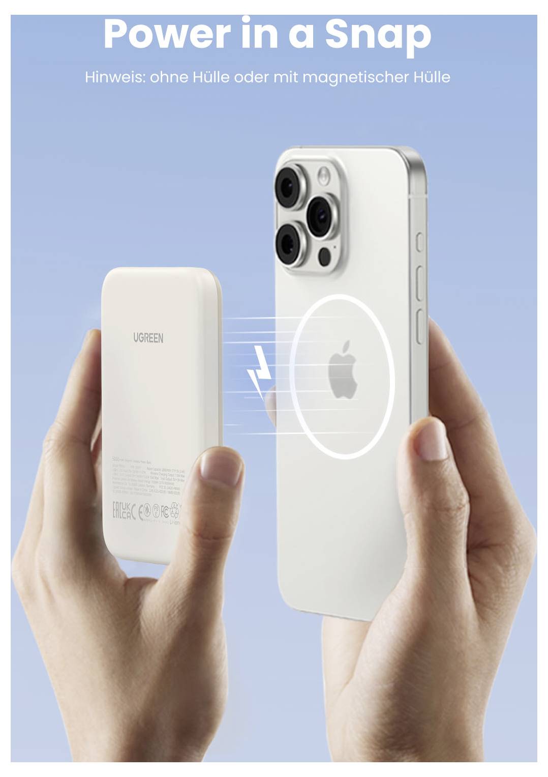 Dvě ruce drží bezdrátovou powerbeku a iPhone; baterie se nabíjí skrz kryt telefonu. Text říká "Síla na dosah" a poznámky uvedou použití bez krytu nebo s magnetickým krytem.