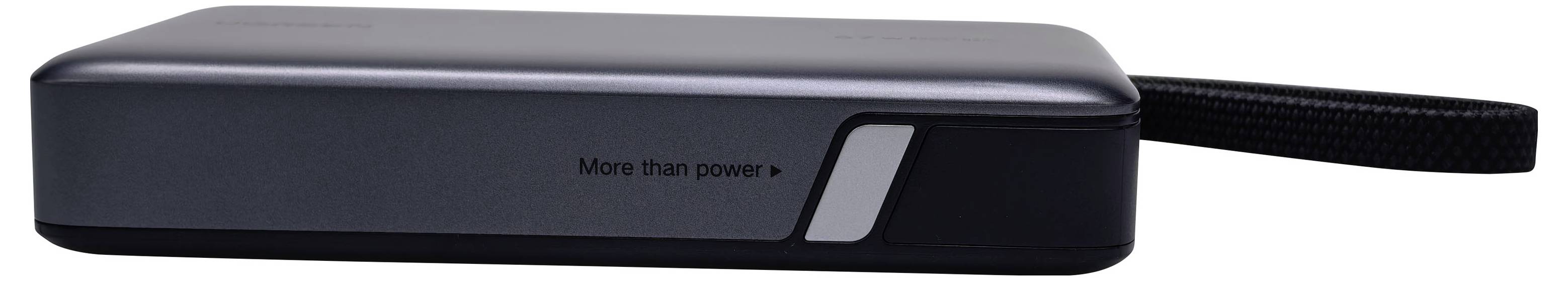Černá powerbanka s pleteným kabelem, na kterém je nápis "More than power."