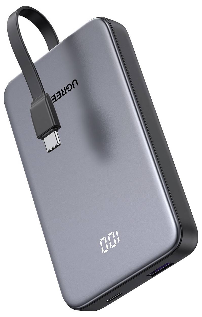 Přenosná šedá powerbanka UGREEN s vestavěným kabelem USB-C a digitálním displejem baterie.
