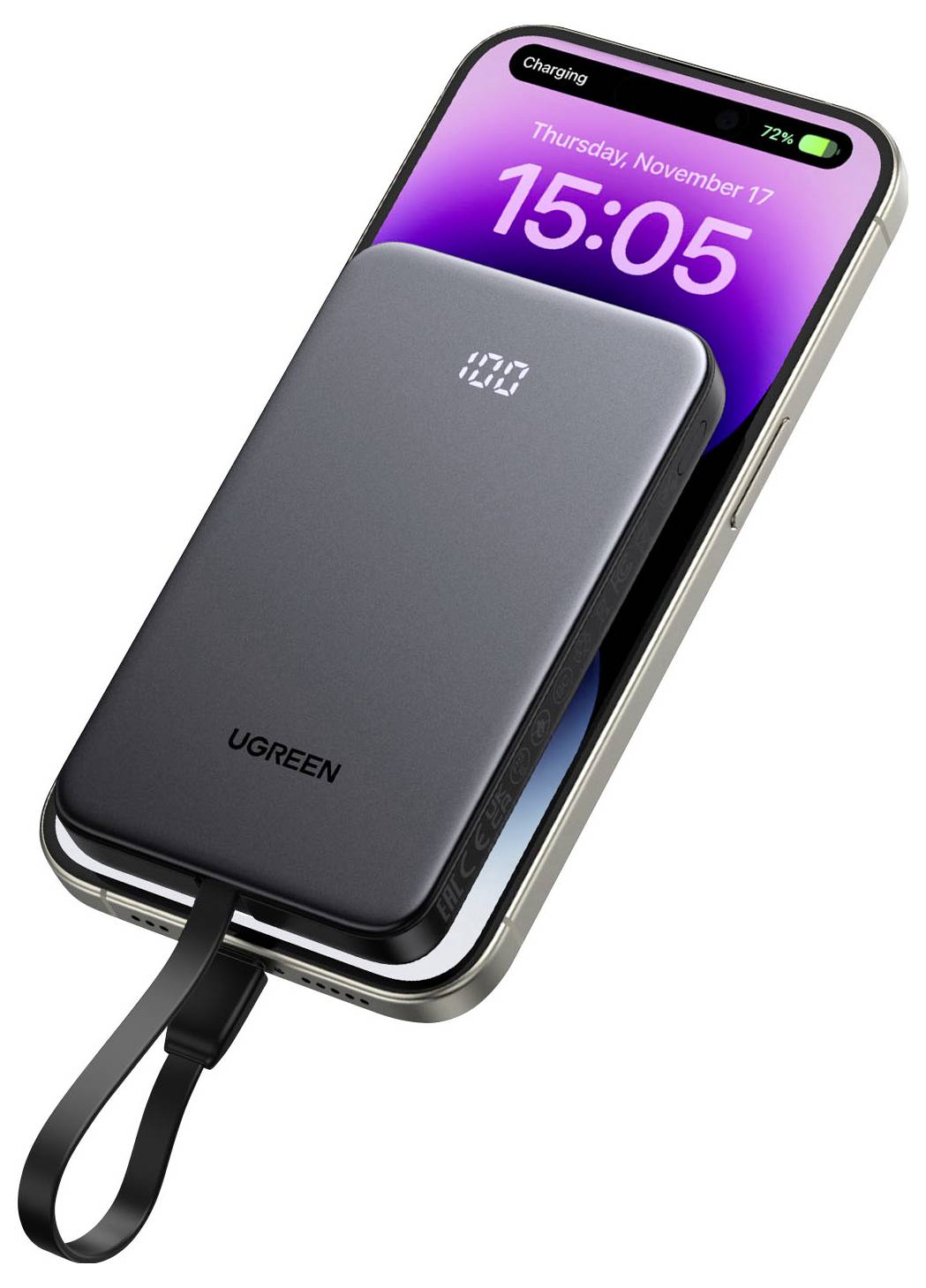 UGREEN přenosná powerbanka nabíjející chytrý telefon s digitálním displejem baterie a připojeným kabelem.