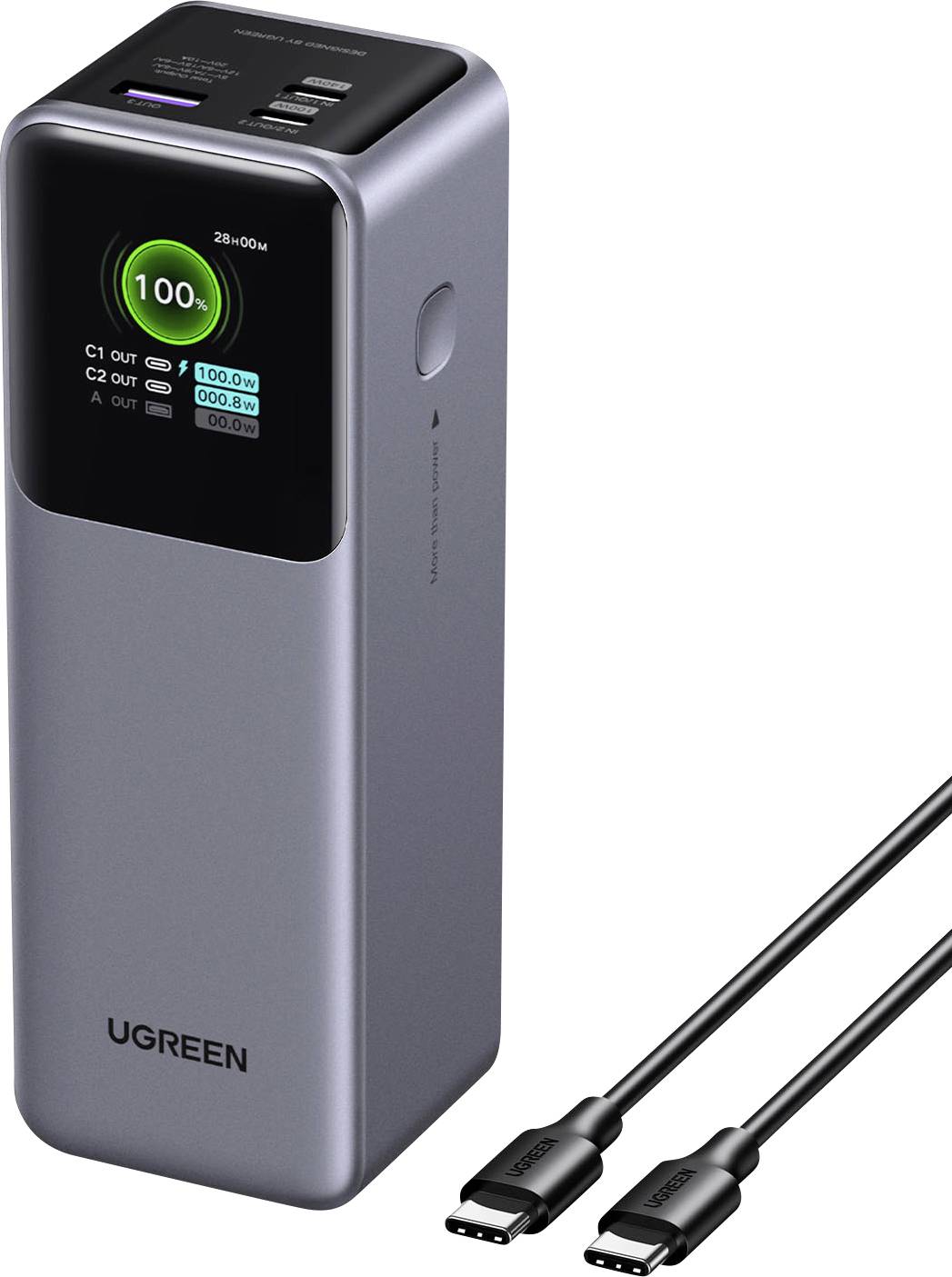 UGREEN přenosná powerbanka s digitálním displejem baterie a dvěma připojenými USB-C nabíjecími kabely.