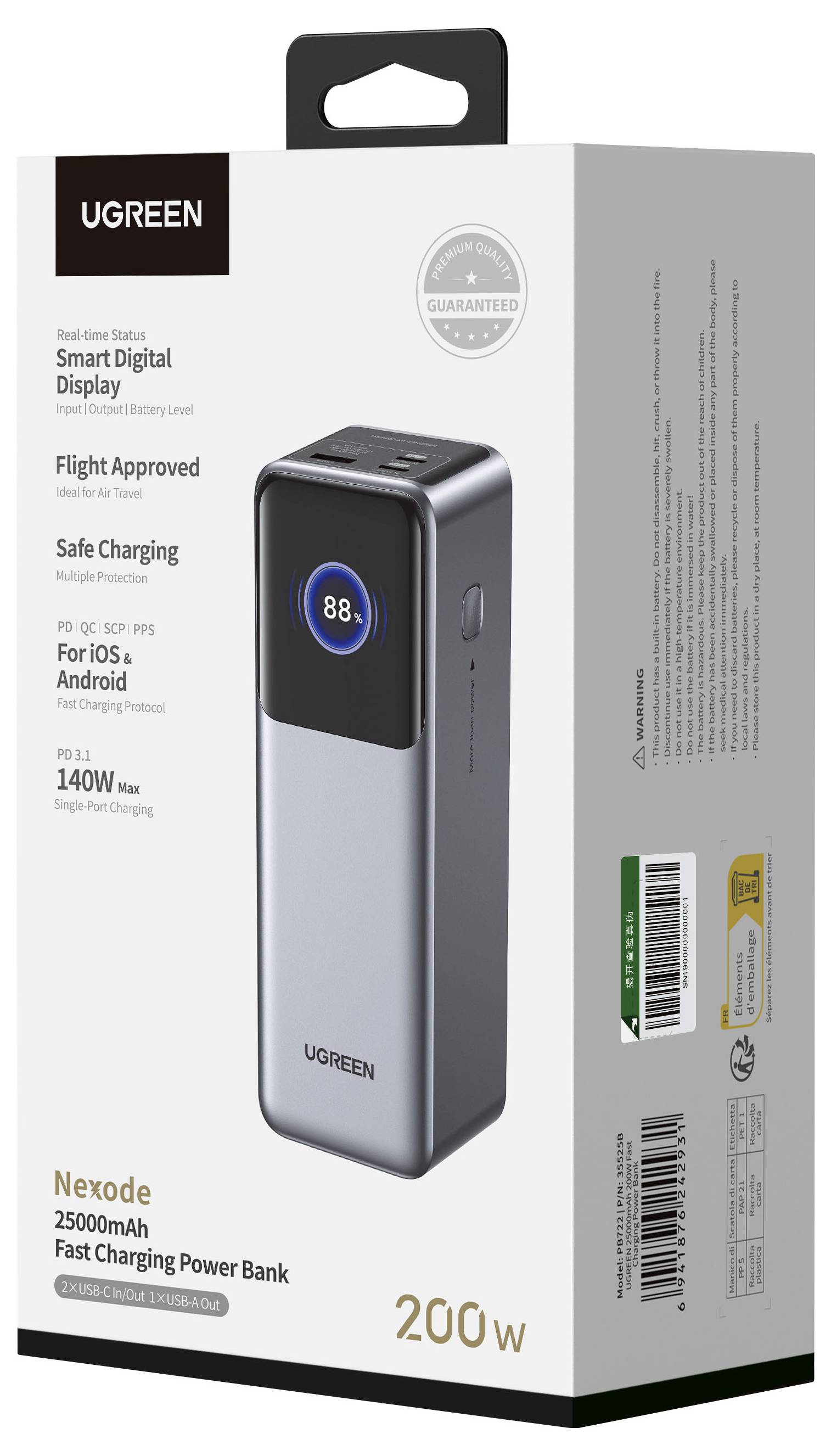 UGREEN 25 000mAh baterie s rychlým nabíjením, zobrazující 200W inteligentní digitální displej přenosné nabíječky pro iOS a Android.