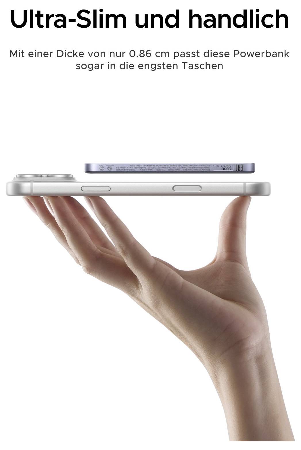 Inzerce zobrazující ultra-tenkou powerbanku vyváženou na dlani, s německým textem: „Ultra-Slim a praktický" a „0,86 cm" zdůrazňující její tenký, kapesní design.