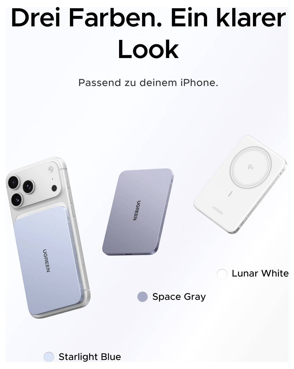 Reklama zobrazuje tři pouzdra na telefon v barvách Starlight Blue, Space Gray a Lunar White s českým textem "Tři barvy. Jeden čistý vzhled" a "Pasuje k tvému iPhone."