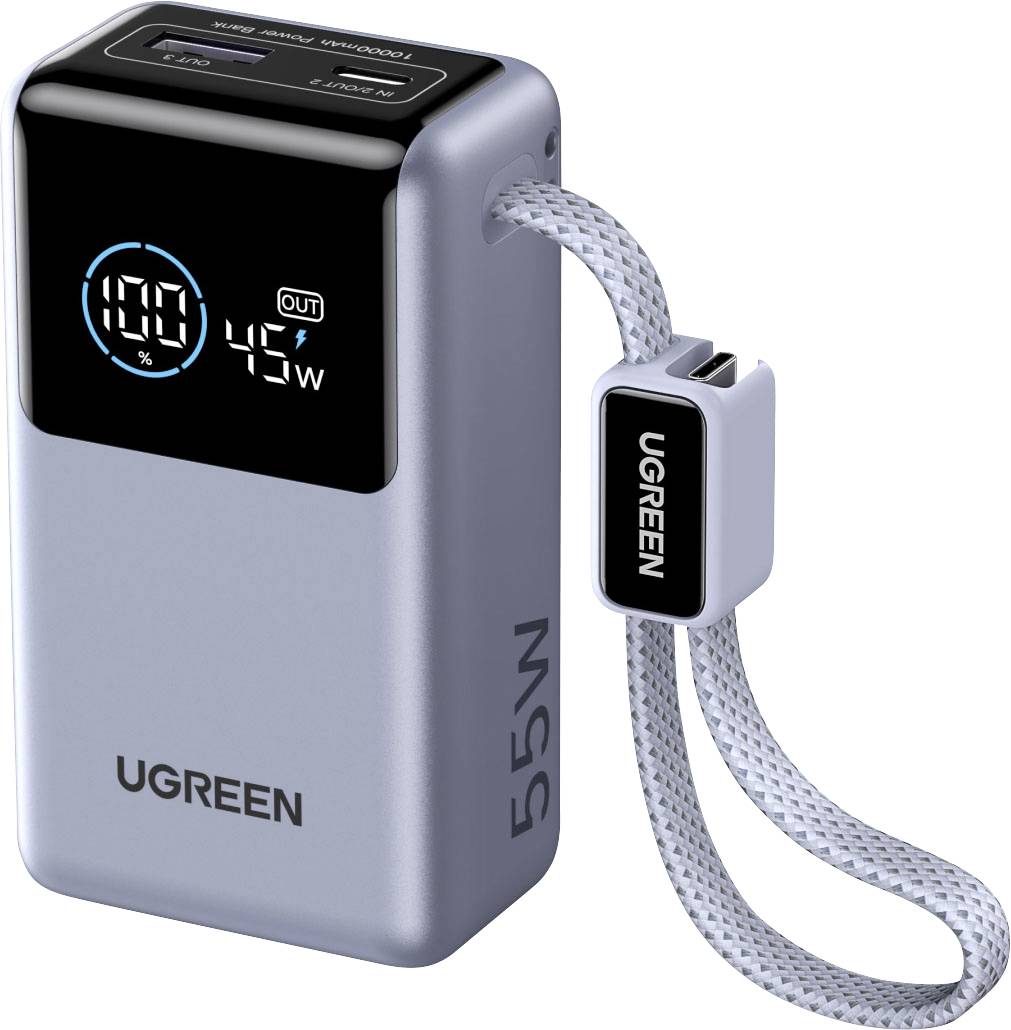 UGREEN přenosná nabíjecí stanice s tkávaným řemínkem, černý displej ukazující 100% a výstup 45W.