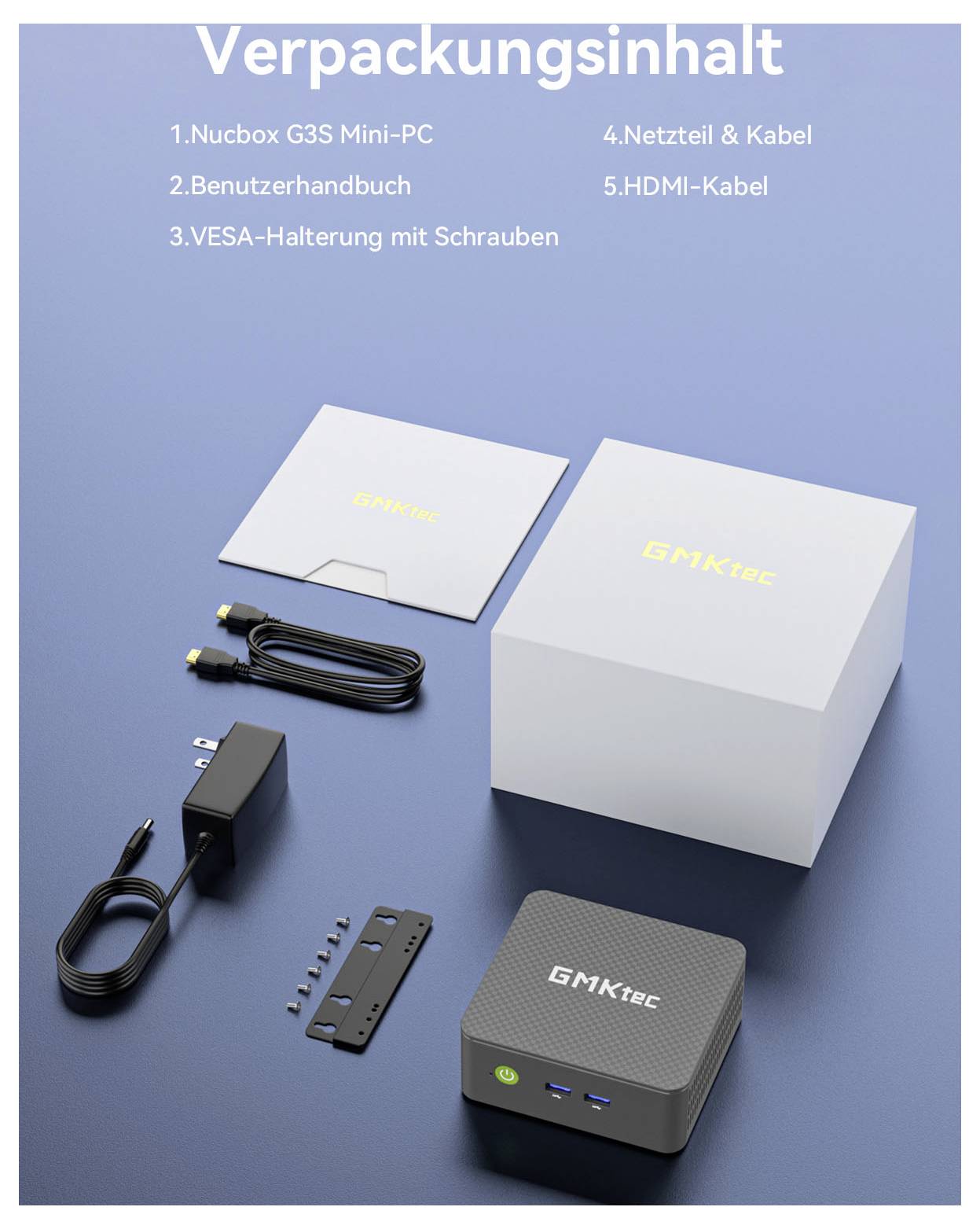 Obsah balení pro miniaturní počítač GMKtec: miniaturní počítač, návod uživatele, VESA držák se šrouby, napájecí adaptér a kabel, HDMI kabel, zobrazeno vedle krabice.