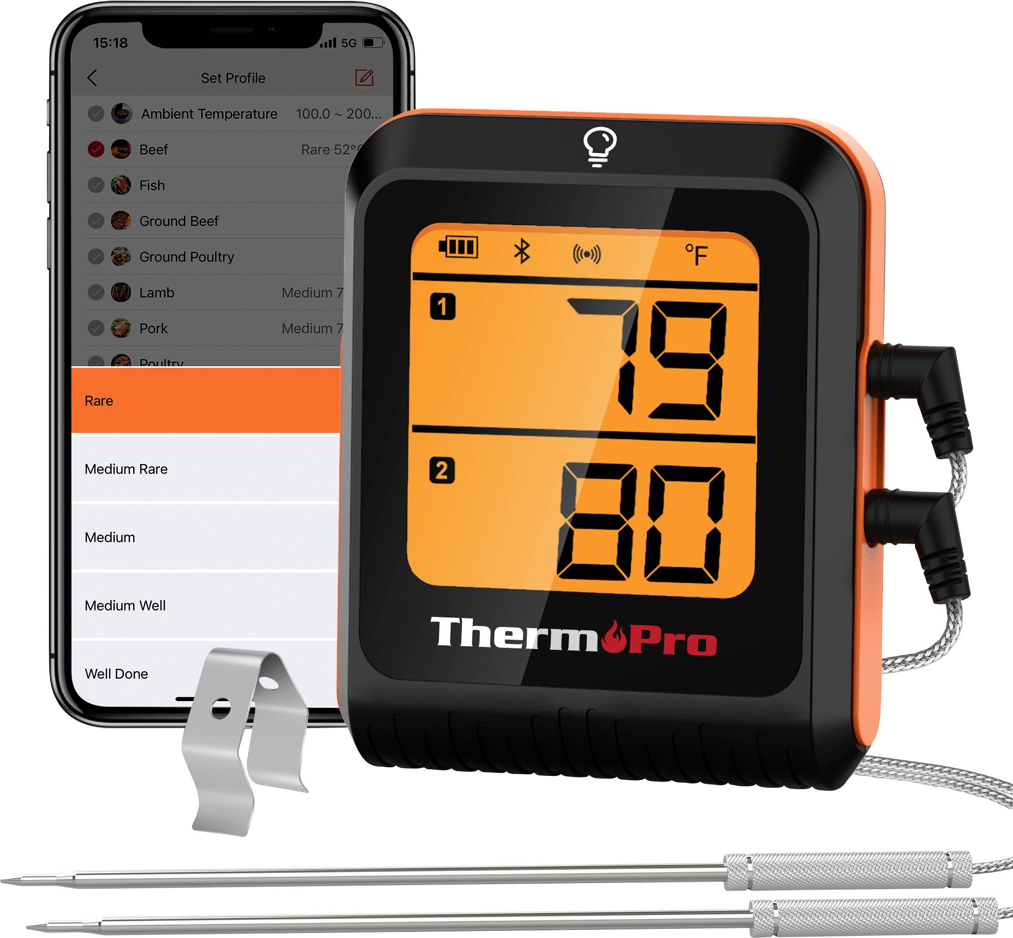 ThermoPro duální teploměr na maso s bezdrátovou aplikací; displej zobrazuje 79°F a 80°F, s přednastavenými možnostmi propečení na telefonu za ním.