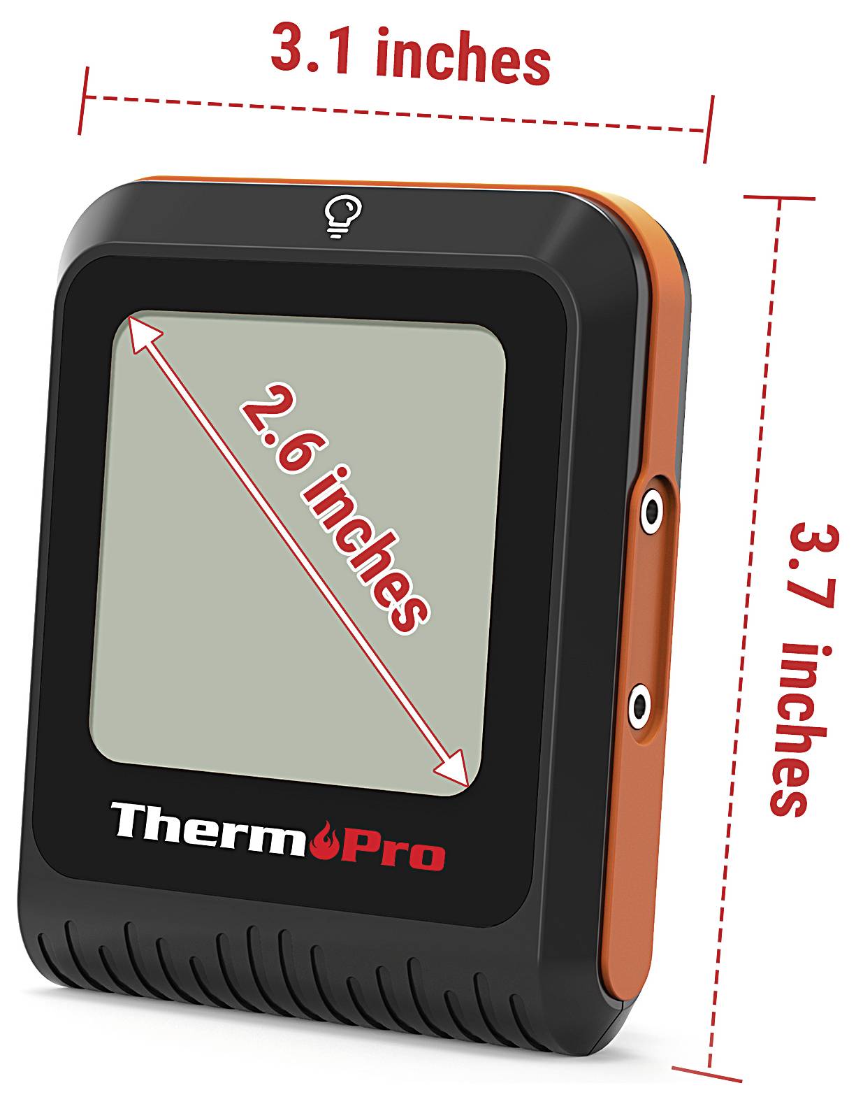 Digitální teploměr ThermoPro zobrazený s rozměry: 3,1 palce na šířku, 3,7 palce na výšku a 2,6 palce v úhlopříčce displeje.