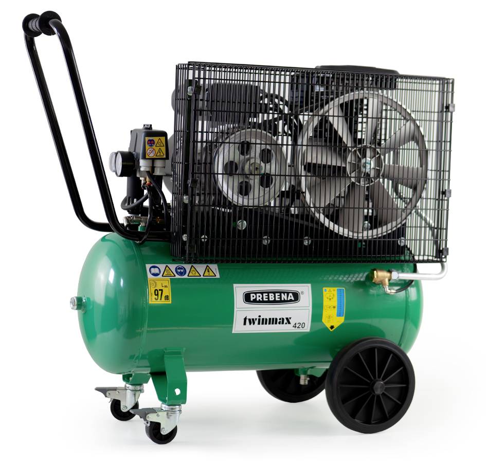 Zelený přenosný kompresor se vzduchem s černou rukojetí, kolečky a ochranným krytem ventilátoru; označený „PREBENA twinmax 420".