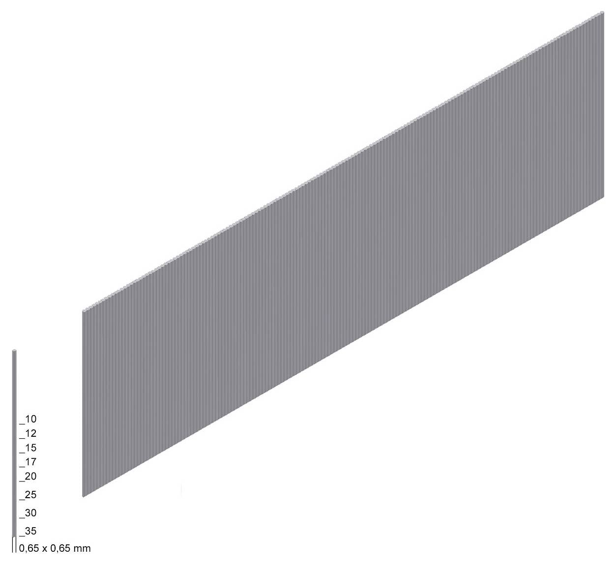 Šedý diagonální obdélníkový pruh na bílém pozadí, s malou stupnicí v levém dolním rohu označenou od 10 do 35 a '0,65 x 0,65 mm'.