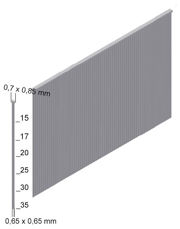 Diagram kónického obdélníkového panelu se svislými drážkami, zobrazující rozměry od 0,7 x 0,85 mm v horní části do 0,65 x 0,65 mm v dolní části s označenými úrovněmi 15 až 35.