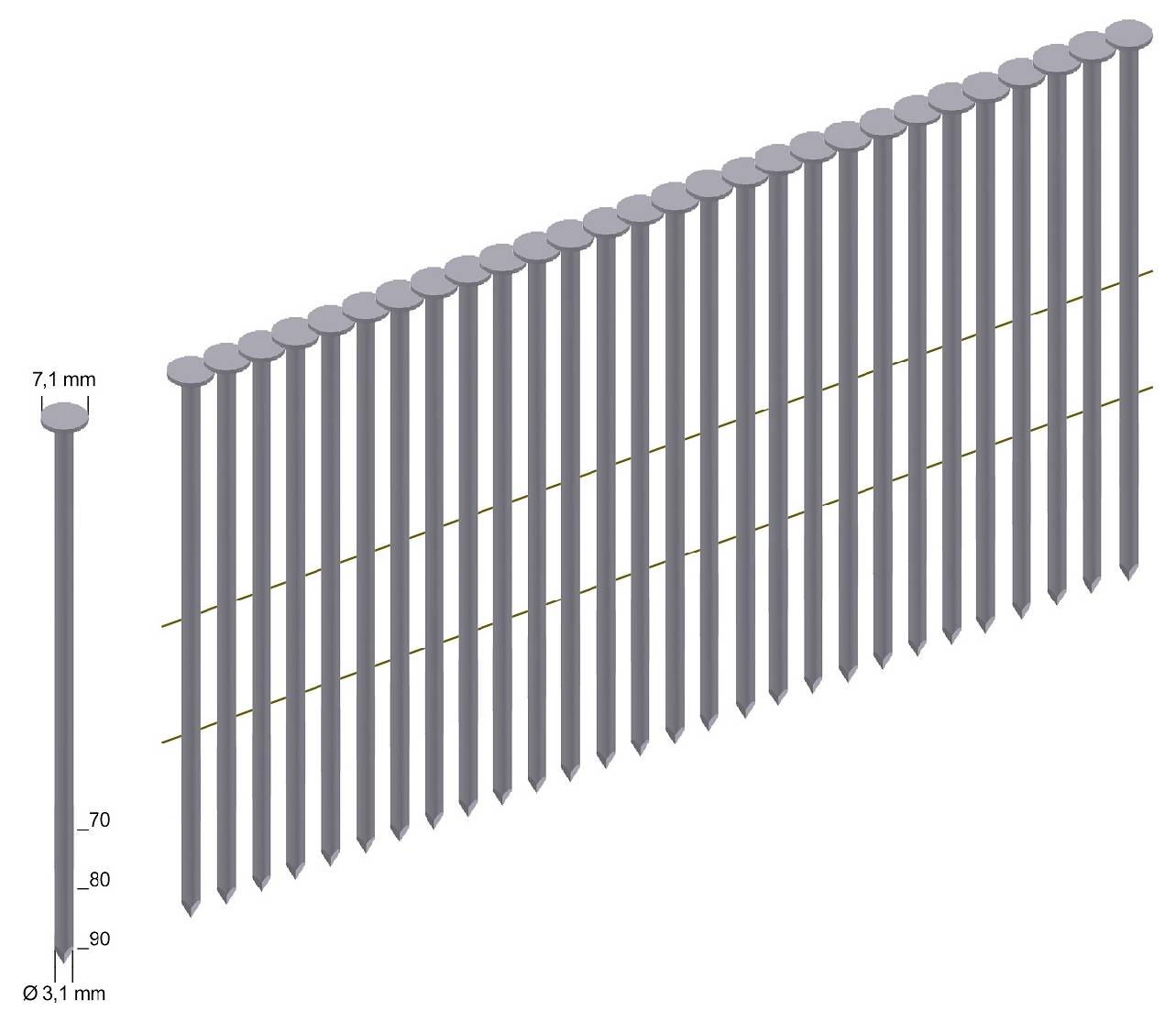 Ilustrace galvanizovaného pletiva s mnoha svislými špičatými pruty, zobrazující rozměry 7,1 mm a 3,1 mm a značky výšky 70, 80, 90.