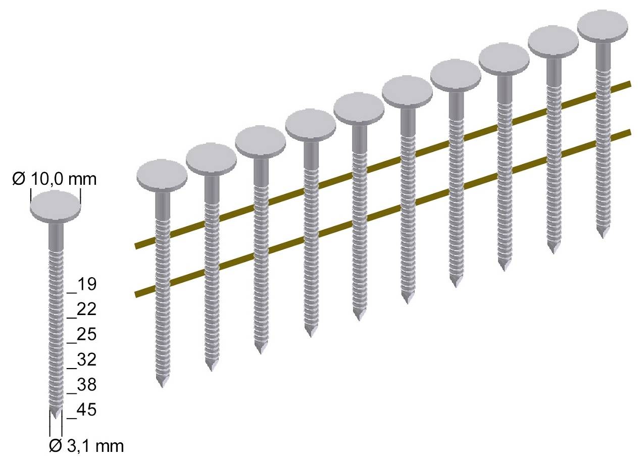 Diagram šroubů znázorňující rozsah velikostí od Ø10,0 mm hlavy až po Ø3,1 mm špičku, s délkami označenými 19, 22, 25, 32, 38 a 45 mm.