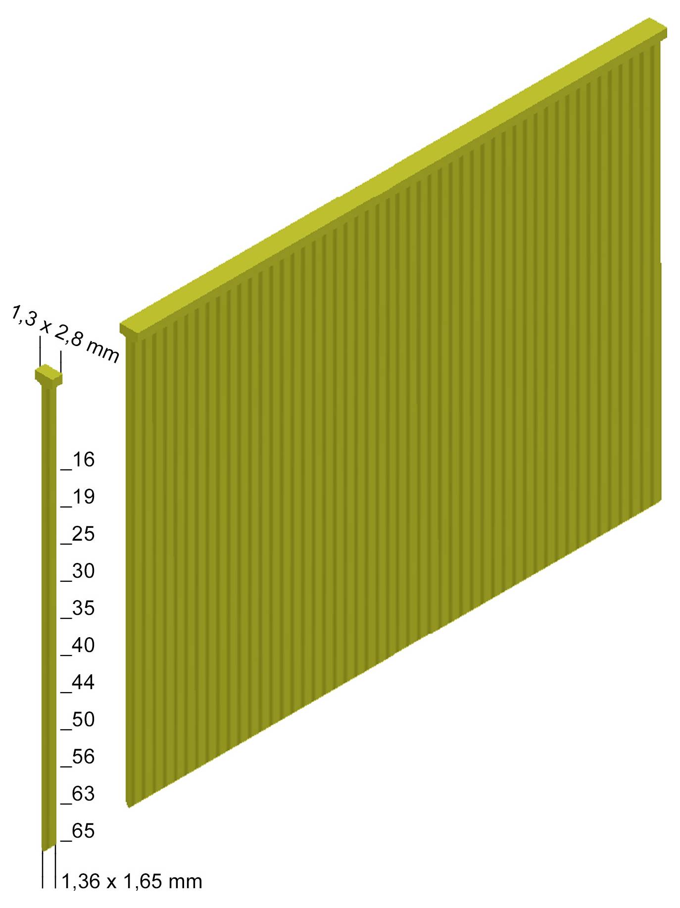 Technická ilustrace žlutozelené panelové desky s žebry, boční pohled s označením rozměrů 1,3 x 2,8 mm a 1,36 x 1,65 mm, zobrazující značky výšky od 16 do 65.