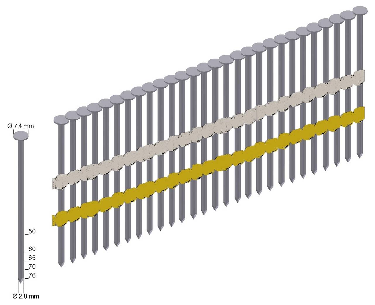 Diagram dvou paralelních řad hřebíků v zešikmovaném, spleteném vzoru, ukazující velikosti hřebíků od Ø 2,8 mm do Ø 7,4 mm.